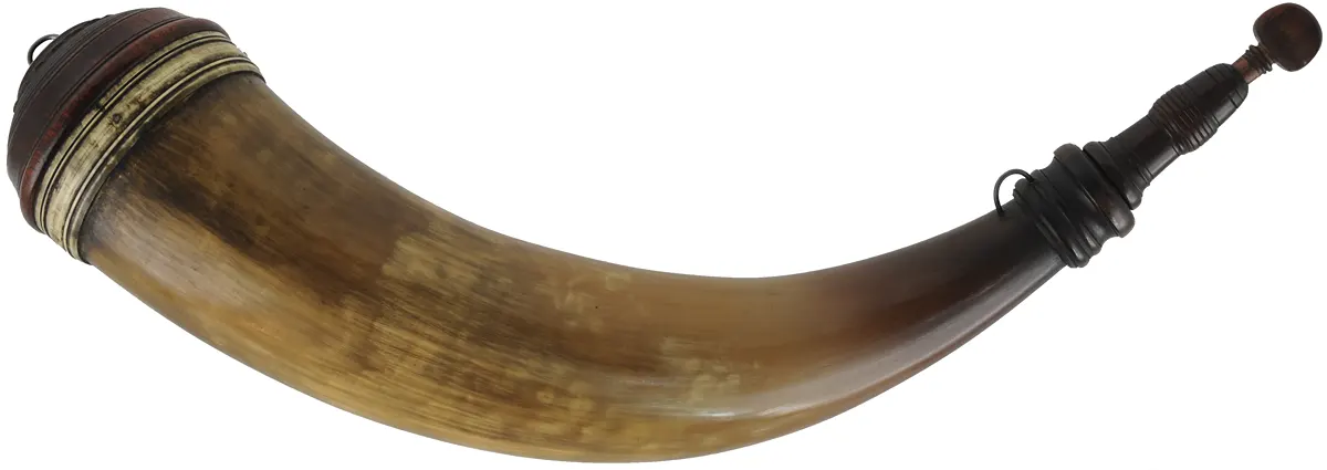 Powder Horn, 
17", turned screw tip,
turned base, used, by Art DeCamp