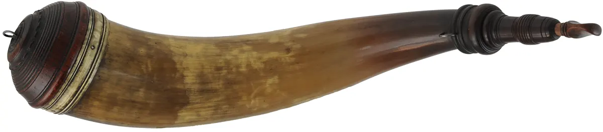Powder Horn, 
17", turned screw tip,
turned base, used, by Art DeCamp