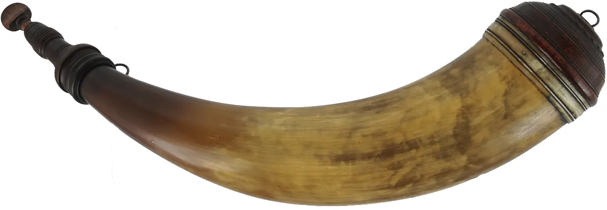 Powder Horn, 
17", turned screw tip,
turned base, used, by Art DeCamp
