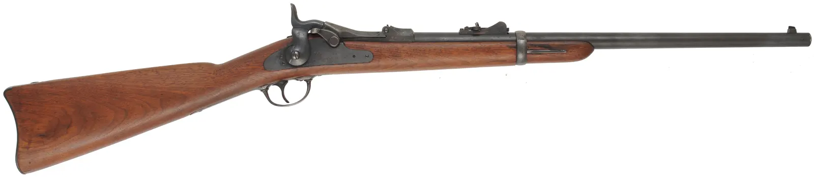 U.S. Model 1877 Springfield Carbine
caliber .45-70 Government, 22" barrel,
trapdoor action, sling bar & ring, refinished walnut