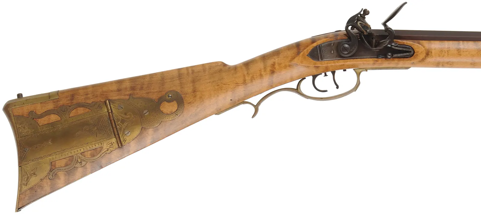 Pennsylvania Longrifle, 
.45 caliber, 42" G.R. Douglas barrel,
curly maple, brass, engraved, flintlock, 
signed by Louis Smith of Johnson City, Tennessee
