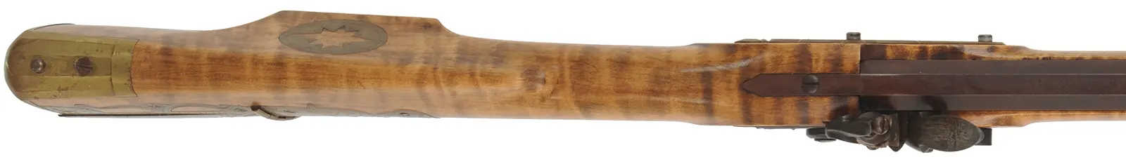 Pennsylvania Longrifle, 
.45 caliber, 42" G.R. Douglas barrel,
curly maple, brass, engraved, flintlock, 
signed by Louis Smith of Johnson City, Tennessee