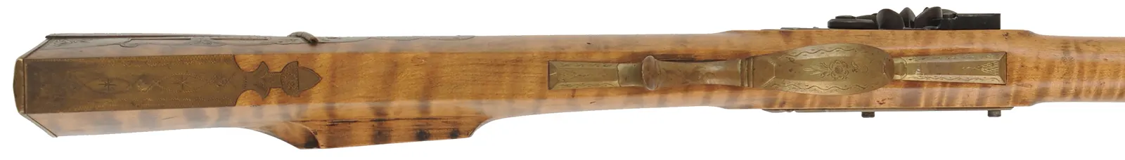 Pennsylvania Longrifle, 
.45 caliber, 42" G.R. Douglas barrel,
curly maple, brass, engraved, flintlock, 
signed by Louis Smith of Johnson City, Tennessee
