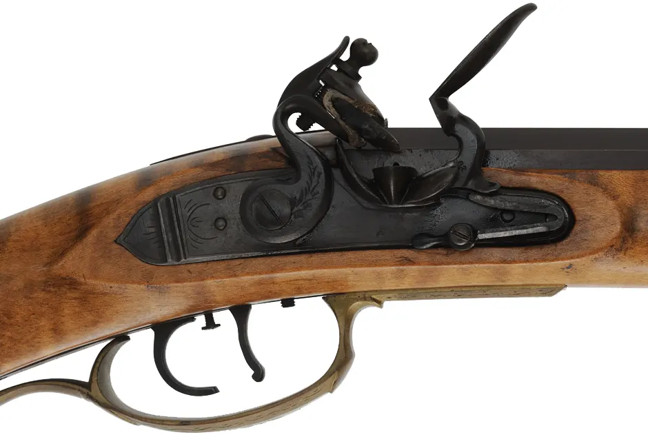 Pennsylvania Longrifle, 
.45 caliber, 42" G.R. Douglas barrel,
curly maple, brass, engraved, flintlock, 
signed by Louis Smith of Johnson City, Tennessee