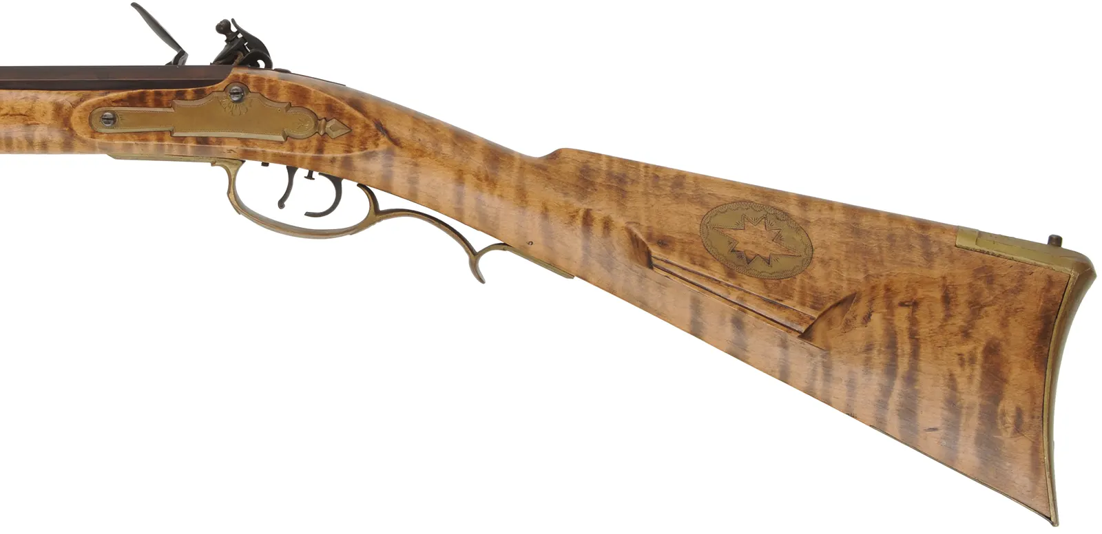 Pennsylvania Longrifle, 
.45 caliber, 42" G.R. Douglas barrel,
curly maple, brass, engraved, flintlock, 
signed by Louis Smith of Johnson City, Tennessee