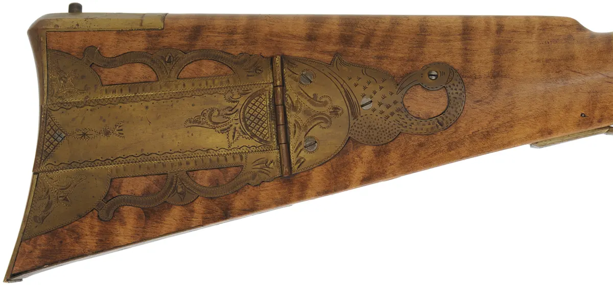 Pennsylvania Longrifle, 
.45 caliber, 42" G.R. Douglas barrel,
curly maple, brass, engraved, flintlock, 
signed by Louis Smith of Johnson City, Tennessee