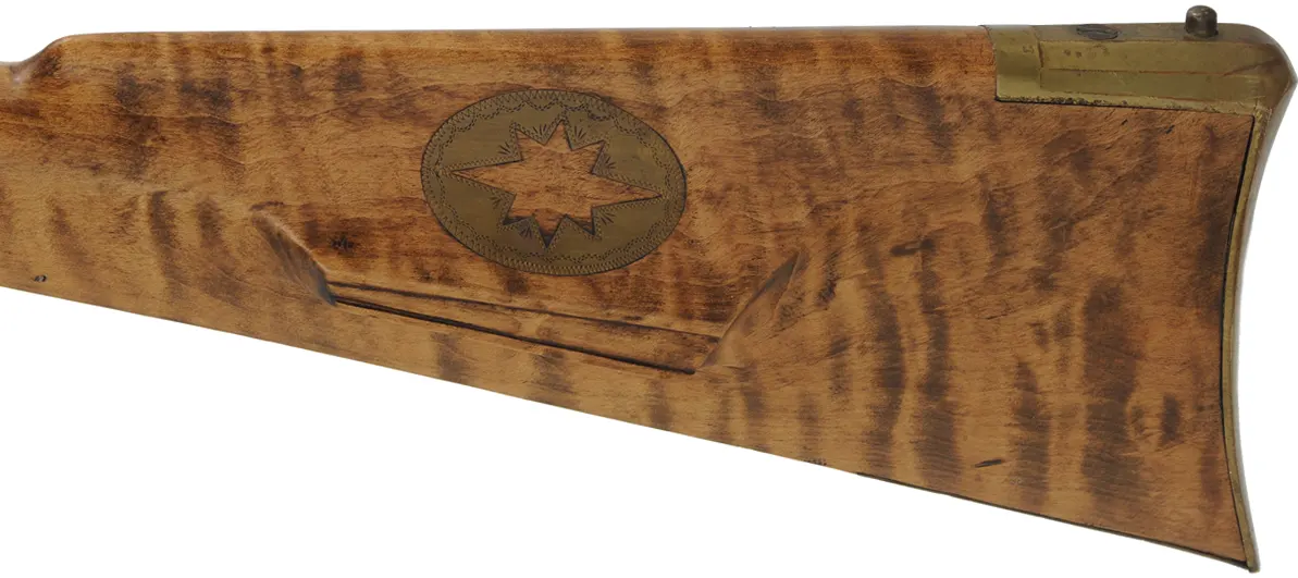 Pennsylvania Longrifle, 
.45 caliber, 42" G.R. Douglas barrel,
curly maple, brass, engraved, flintlock, 
signed by Louis Smith of Johnson City, Tennessee