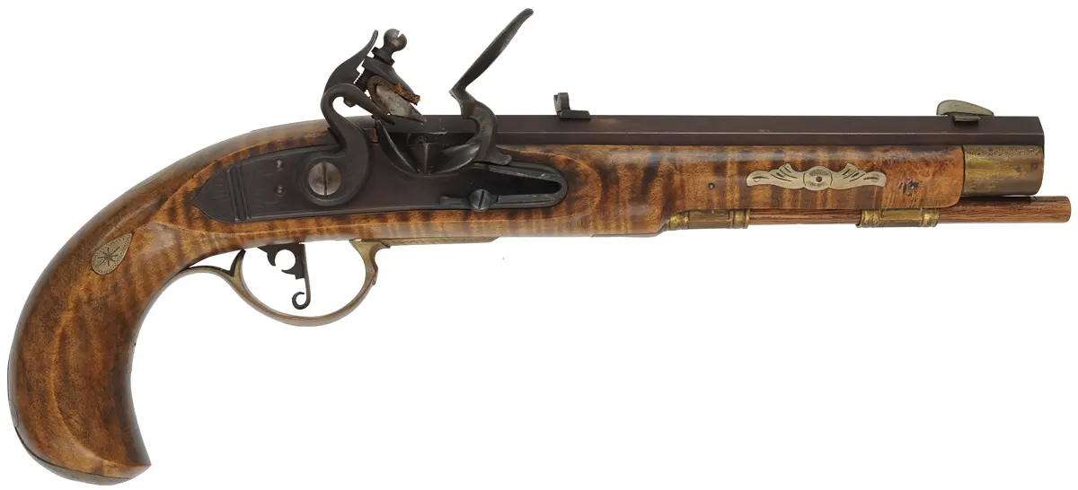 Kentucky Pistol
.45 caliber, 8-1/2" barrel ,
flintlock, maple, brass trim, used,
by Louis Smith Johnson City, Tennessee