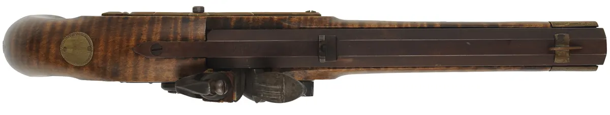 Kentucky Pistol
.45 caliber, 8-1/2" barrel ,
flintlock, maple, brass trim, used,
by Louis Smith Johnson City, Tennessee