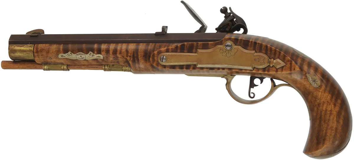 Kentucky Pistol
.45 caliber, 8-1/2" barrel ,
flintlock, maple, brass trim, used,
by Louis Smith Johnson City, Tennessee