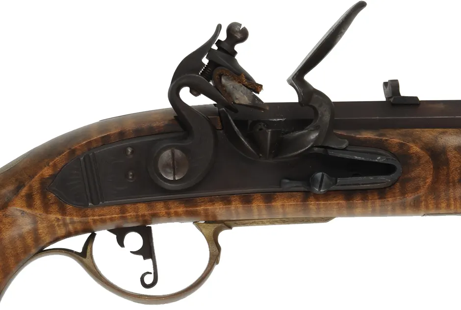 Kentucky Pistol
.45 caliber, 8-1/2" barrel ,
flintlock, maple, brass trim, used,
by Louis Smith Johnson City, Tennessee
