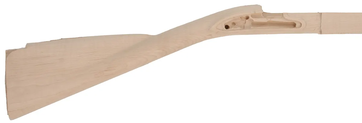 Stock second, English Fowler, pre-shaped,
inlet L&R Queen Anne lock, 42" barrel, curly maple
bark inclusion on upper left lock panel