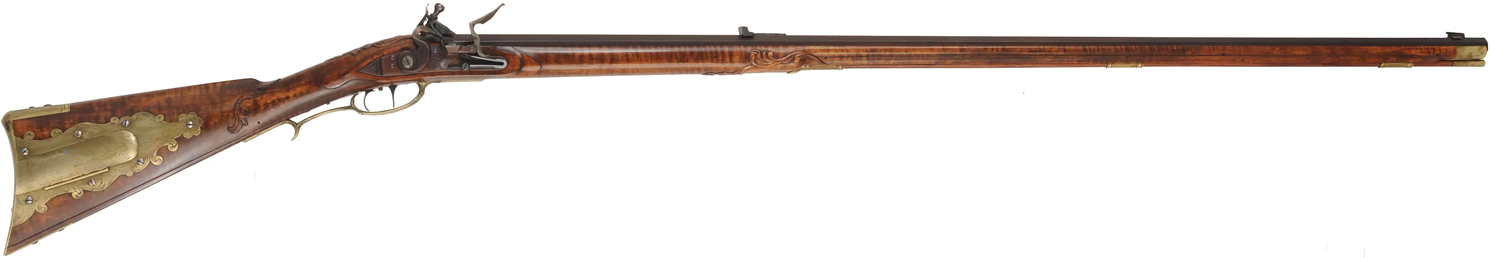 Fine Lancaster County, Pennsylvania Longrifle,
.40 caliber, 42" Green Mountain swamped barrel, 
large Siler flintlock, curly maple, brass trim,
raised carving, engraved patchbox, signed by contemporary builder R. Dietz