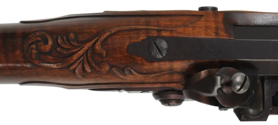 Fine Lancaster County, Pennsylvania Longrifle,
.40 caliber, 42" Green Mountain swamped barrel, 
large Siler flintlock, curly maple, brass trim,
raised carving, engraved patchbox, signed by contemporary builder R. Dietz