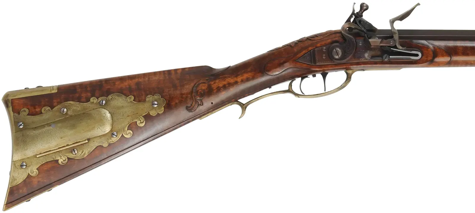 Fine Lancaster County, Pennsylvania Longrifle,
.40 caliber, 42" Green Mountain swamped barrel, 
large Siler flintlock, curly maple, brass trim,
raised carving, engraved patchbox, signed by contemporary builder R. Dietz