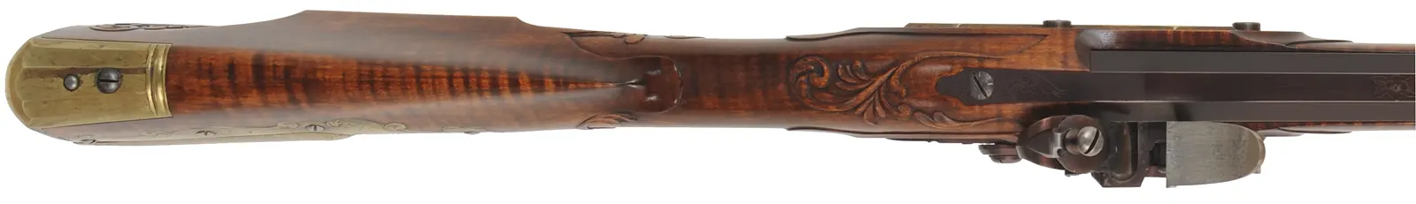 Fine Lancaster County, Pennsylvania Longrifle,
.40 caliber, 42" Green Mountain swamped barrel, 
large Siler flintlock, curly maple, brass trim,
raised carving, engraved patchbox, signed by contemporary builder R. Dietz