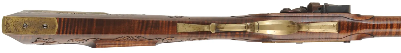 Fine Lancaster County, Pennsylvania Longrifle,
.40 caliber, 42" Green Mountain swamped barrel, 
large Siler flintlock, curly maple, brass trim,
raised carving, engraved patchbox, signed by contemporary builder R. Dietz
