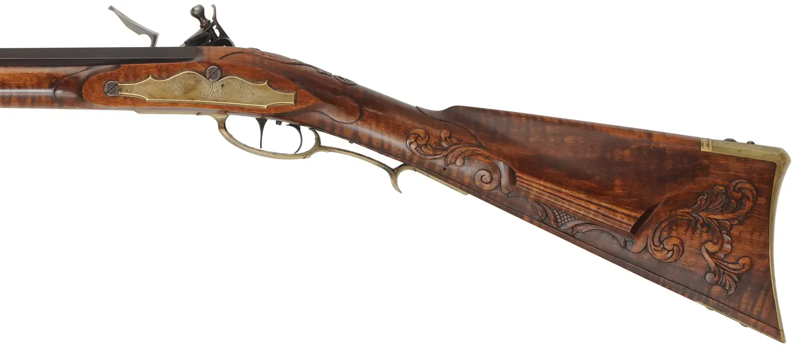 Fine Lancaster County, Pennsylvania Longrifle,
.40 caliber, 42" Green Mountain swamped barrel, 
large Siler flintlock, curly maple, brass trim,
raised carving, engraved patchbox, signed by contemporary builder R. Dietz