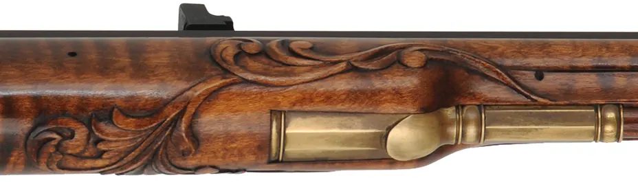 Fine Lancaster County, Pennsylvania Longrifle,
.40 caliber, 42" Green Mountain swamped barrel, 
large Siler flintlock, curly maple, brass trim,
raised carving, engraved patchbox, signed by contemporary builder R. Dietz
