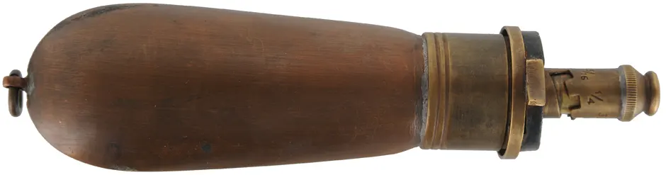 Used Pocket Powder Flask, in the style of 
G. & J.W. Hawksley ~ Sheffield,
adjustable in 5/16, 1/4 to 3/16 Drams, removable head 