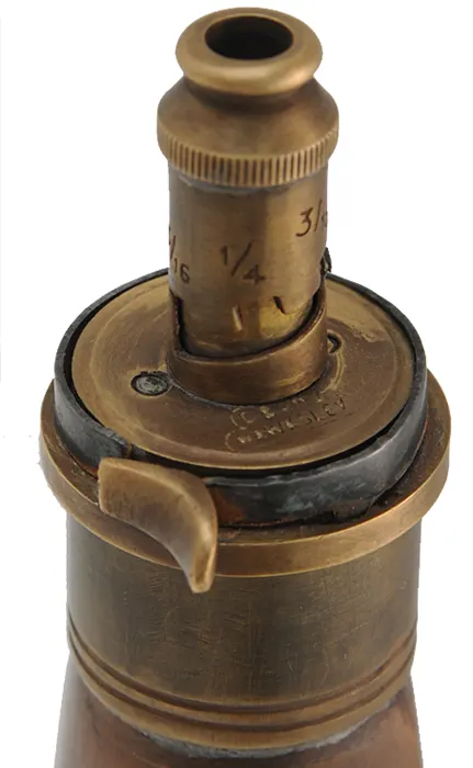 Used Pocket Powder Flask, in the style of 
G. & J.W. Hawksley ~ Sheffield,
adjustable in 5/16, 1/4 to 3/16 Drams, removable head 