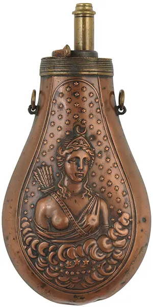 Vintage European Powder Flask,
copper body, 6" by 3-1/2",
Diana Goddess of the Hunt
