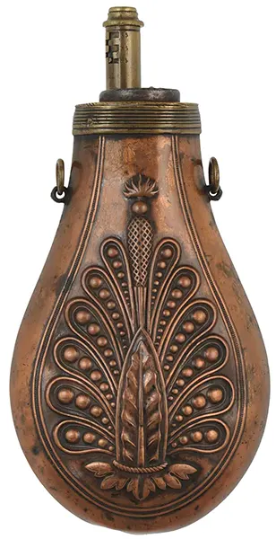 Vintage European Powder Flask,
copper body, 6" by 3-1/2",
Diana Goddess of the Hunt
