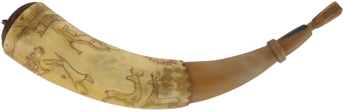 Powder Horn,
13-1/4", scrimshaw hunting scene,
British Coat of Arms, iron staple