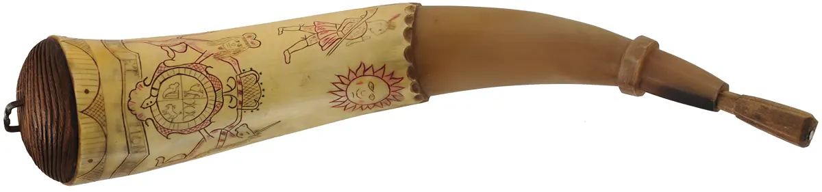 Powder Horn,
13-1/4", scrimshaw hunting scene,
British Coat of Arms, iron staple