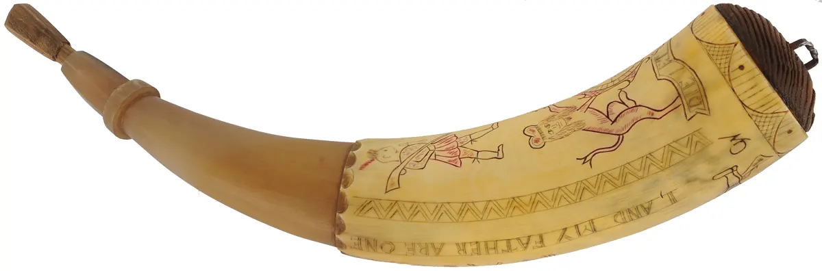 Powder Horn,
13-1/4", scrimshaw hunting scene,
British Coat of Arms, iron staple