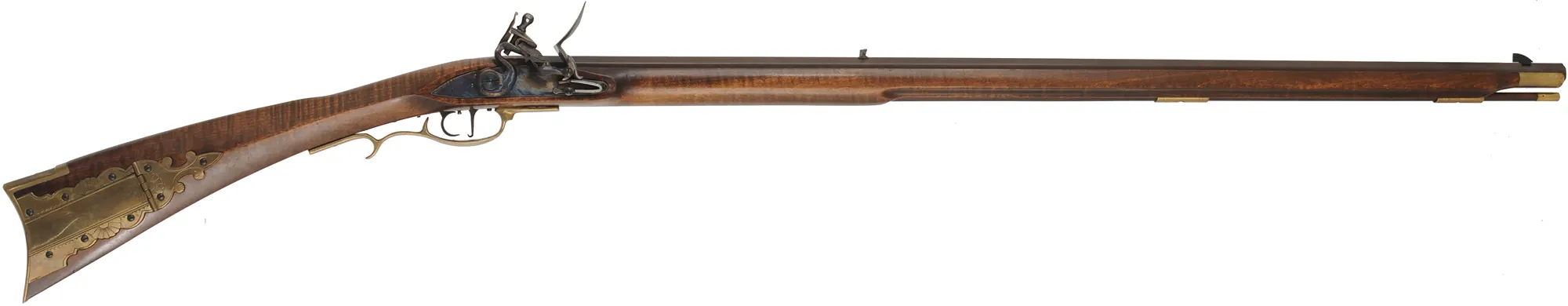Frontier Deluxe Longrifle,
.45 caliber, 39" barrel,
flintlock, curly maple, brass trim with patchbox, 
used, by Davide Pedersoli