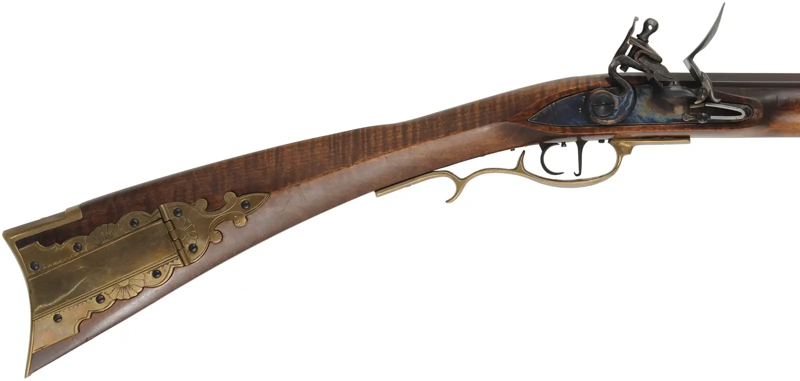 Frontier Deluxe Longrifle,
.45 caliber, 39" barrel,
flintlock, curly maple, brass trim with patchbox, 
used, by Davide Pedersoli