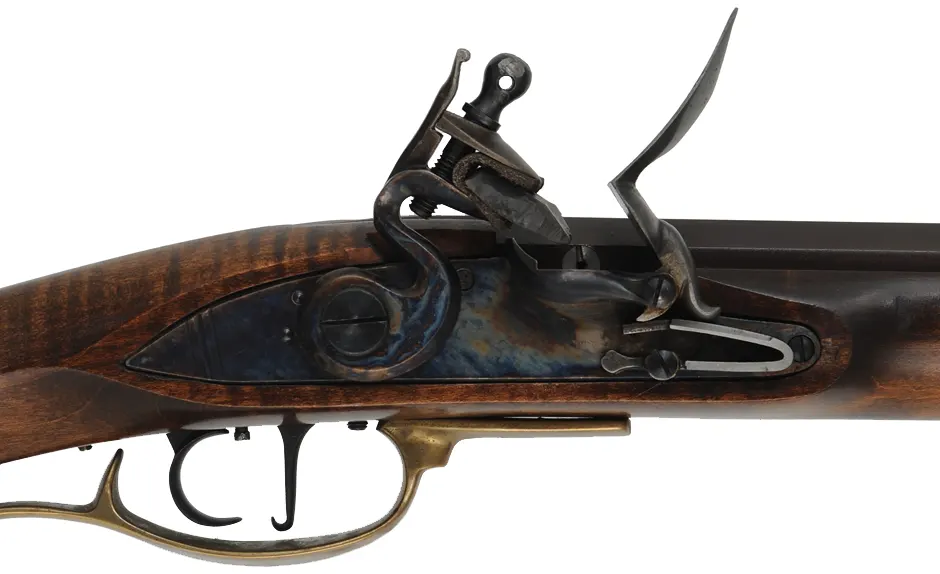 Frontier Deluxe Longrifle,
.45 caliber, 39" barrel,
flintlock, curly maple, brass trim with patchbox, 
used, by Davide Pedersoli