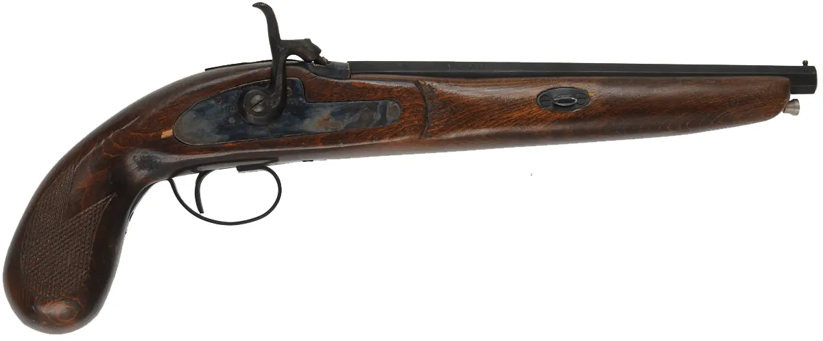 Percussion Pistol, 
41 caliber smoothbore, 9-1/2" barrel,
percussion, beech, iron, by EIG Eibar, Spain, used