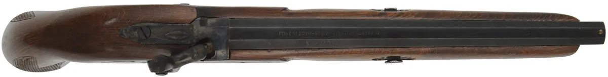 Percussion Pistol, 
41 caliber smoothbore, 9-1/2" barrel,
percussion, beech, iron, by EIG Eibar, Spain, used