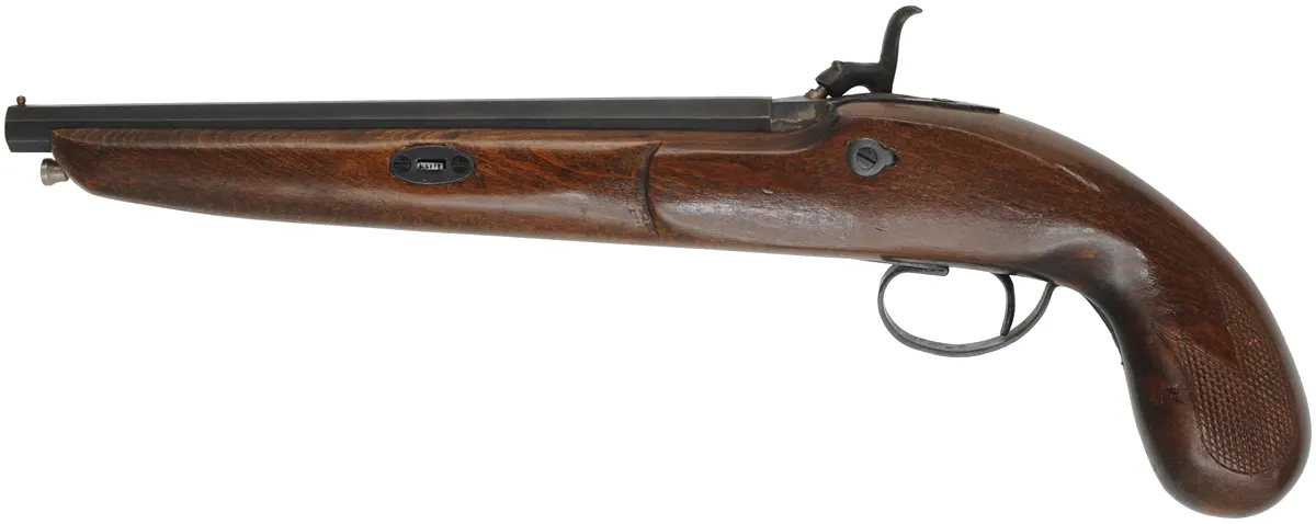 Percussion Pistol, 
41 caliber smoothbore, 9-1/2" barrel,
percussion, beech, iron, by EIG Eibar, Spain, used