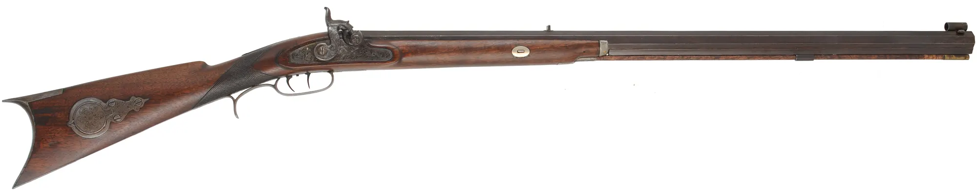 H.E. Leman Sporting Rifle,
.34 caliber, 32" barrel, 
percussion, walnut, engraved iron, hooked breech,
shootable antique, by Henry E. Leman, Lancaster, PA