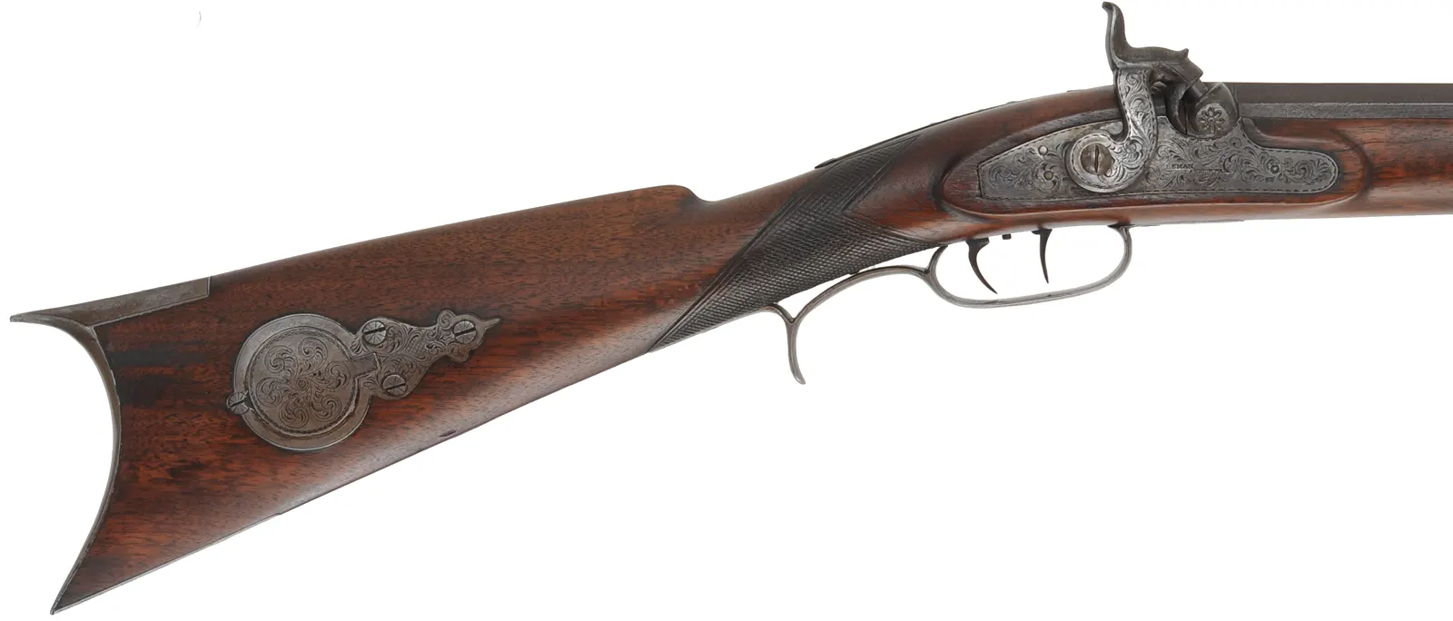 H.E. Leman Sporting Rifle,
.34 caliber, 32" barrel, 
percussion, walnut, engraved iron, hooked breech,
shootable antique, by Henry E. Leman, Lancaster, PA