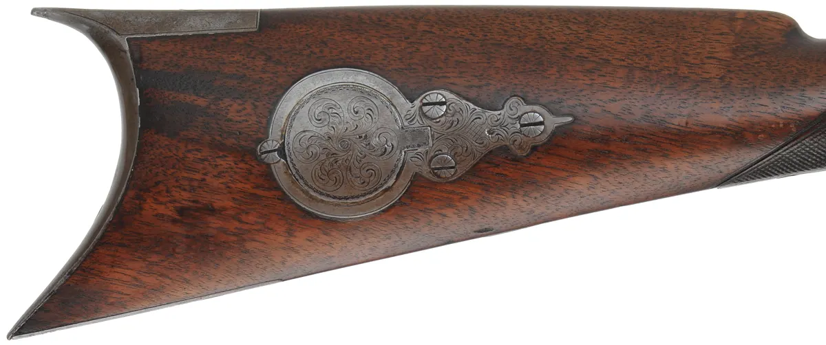 H.E. Leman Sporting Rifle,
.34 caliber, 32" barrel, 
percussion, walnut, engraved iron, hooked breech,
shootable antique, by Henry E. Leman, Lancaster, PA