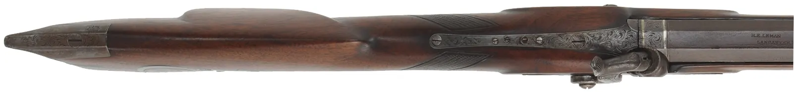 H.E. Leman Sporting Rifle,
.34 caliber, 32" barrel, 
percussion, walnut, engraved iron, hooked breech,
shootable antique, by Henry E. Leman, Lancaster, PA