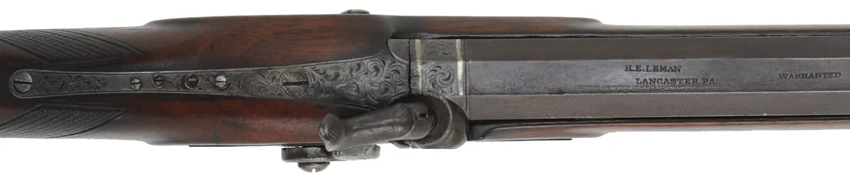 H.E. Leman Sporting Rifle,
.34 caliber, 32" barrel, 
percussion, walnut, engraved iron, hooked breech,
shootable antique, by Henry E. Leman, Lancaster, PA