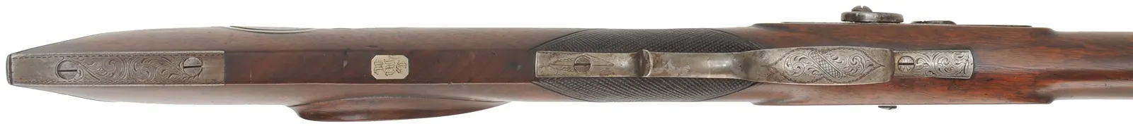 H.E. Leman Sporting Rifle,
.34 caliber, 32" barrel, 
percussion, walnut, engraved iron, hooked breech,
shootable antique, by Henry E. Leman, Lancaster, PA
