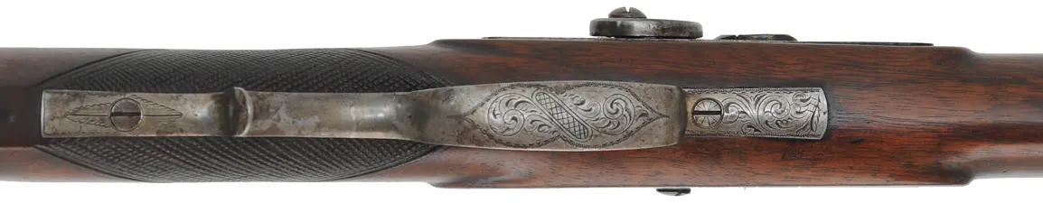 H.E. Leman Sporting Rifle,
.34 caliber, 32" barrel, 
percussion, walnut, engraved iron, hooked breech,
shootable antique, by Henry E. Leman, Lancaster, PA