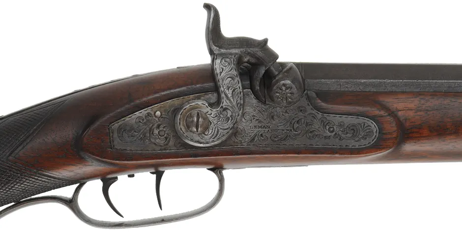 H.E. Leman Sporting Rifle,
.34 caliber, 32" barrel, 
percussion, walnut, engraved iron, hooked breech,
shootable antique, by Henry E. Leman, Lancaster, PA