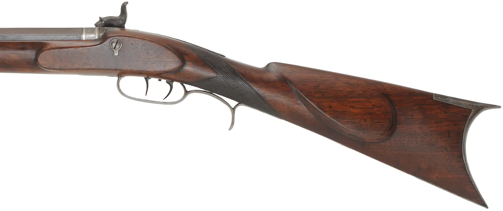 H.E. Leman Sporting Rifle,
.34 caliber, 32" barrel, 
percussion, walnut, engraved iron, hooked breech,
shootable antique, by Henry E. Leman, Lancaster, PA