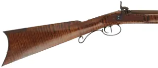 Hawken Rifle,
.54 caliber 36" Green Mountain barrel,
L&R percussion lock, iron, curly maple,
used, signed by George Nelson