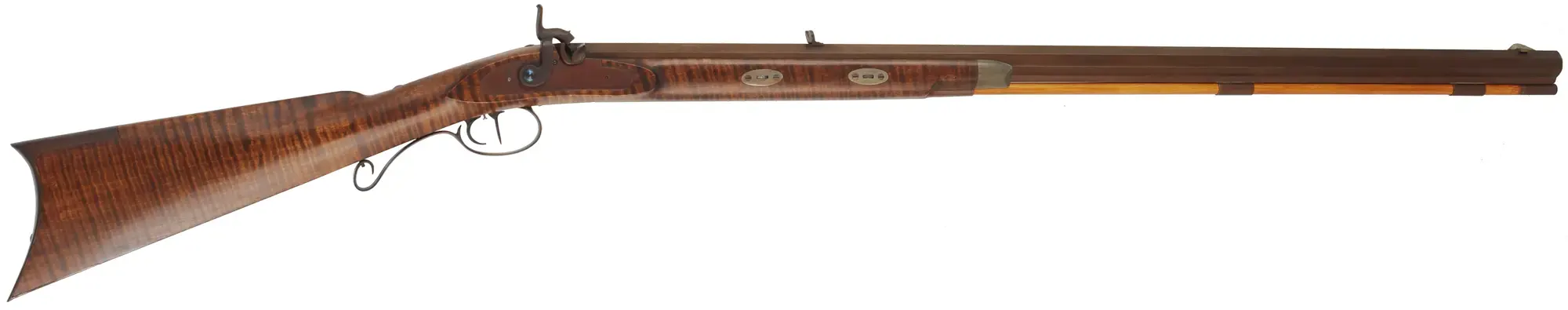 Hawken Rifle,
.54 caliber 36" Green Mountain barrel,
L&R percussion lock, iron, curly maple,
used, signed by George Nelson