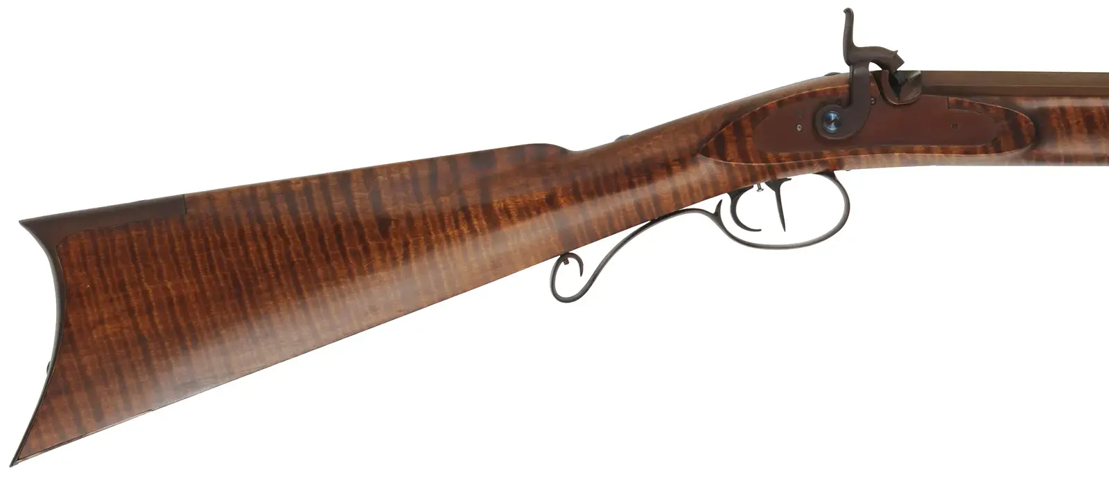 Hawken Rifle,
.54 caliber 36" Green Mountain barrel,
L&R percussion lock, iron, curly maple,
used, signed by George Nelson