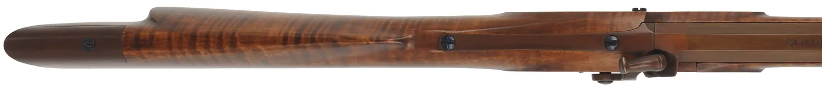 Hawken Rifle,
.54 caliber 36" Green Mountain barrel,
L&R percussion lock, iron, curly maple,
used, signed by George Nelson