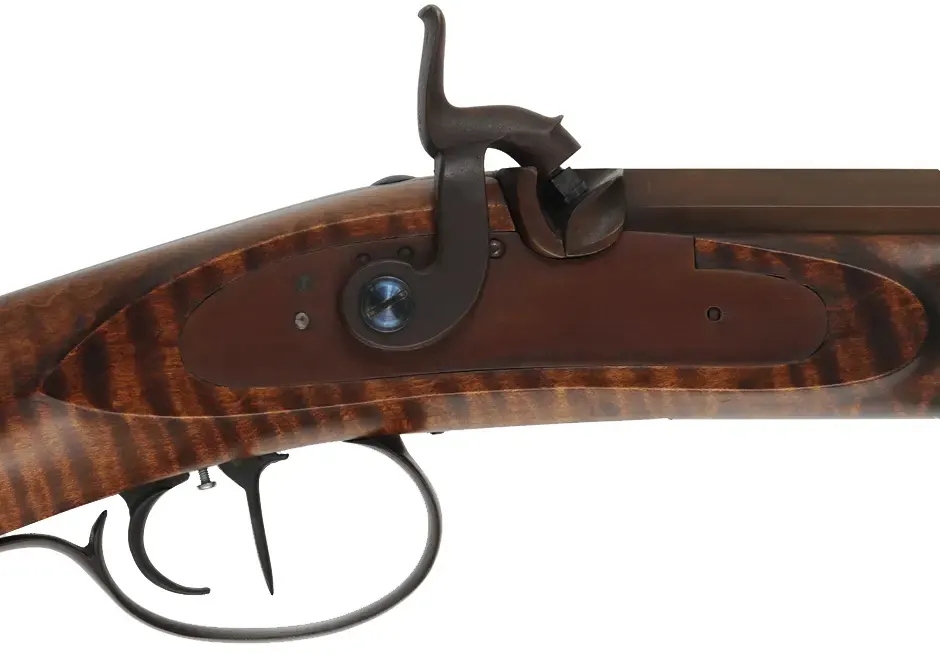 Hawken Rifle,
.54 caliber 36" Green Mountain barrel,
L&R percussion lock, iron, curly maple,
used, signed by George Nelson